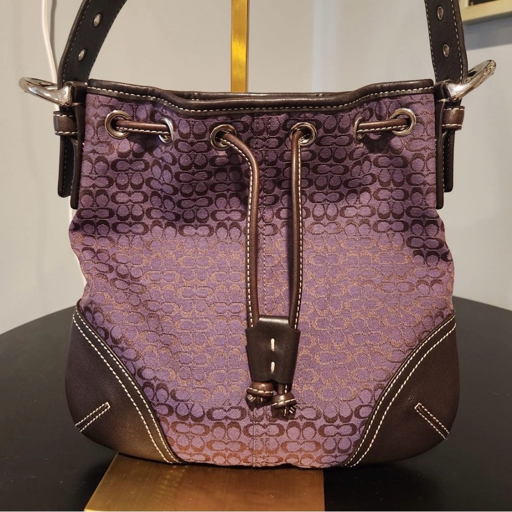 Coach Purple Signature Drawstring Shoulder Bag with Brown Trim
